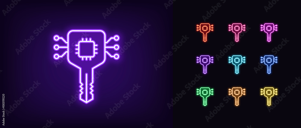 Poster outline neon digital key icon set. glowing neon digital key with chip for secure access and system l