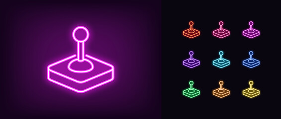 Outline neon control joystick icon set. Glowing neon arcade joystick, game joypad, control lever. Gaming stick handle, retro controller, vintage control console, manipulator handle. Vector icons