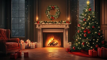 Fototapeta premium Holiday able with christmas tree and fireplace. with copy space