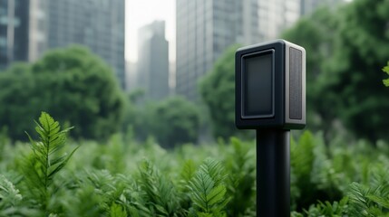 Clean air monitor displaying low air quality levels against a polluted urban backdrop environmental concern 