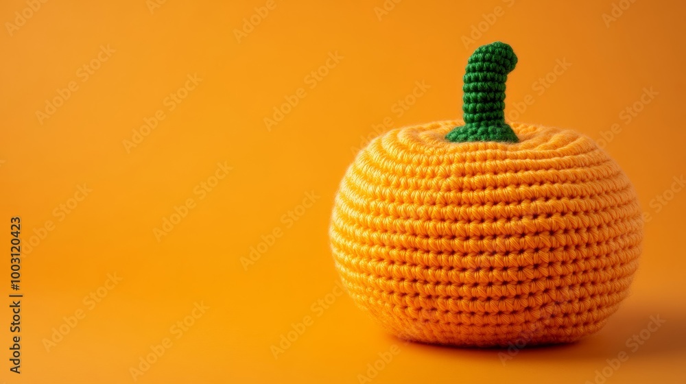 Canvas Prints Close-up of an intricately stitched crochet pumpkin with a green stem against a gradient orange background 