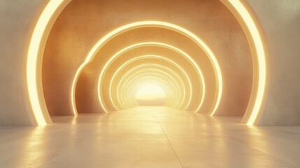 Fototapeta premium light in the tunnel, 3D rendering golden light tunnel with futuristic white neon lights, mall pop-up store photo wall background, minimal style.