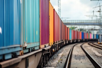 Fototapeta premium Colorful shipping containers line the railway tracks at a bustling freight terminal on a cloudy day