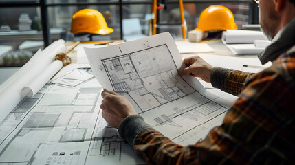 Architect engineer design working on blueprint planning construction concept