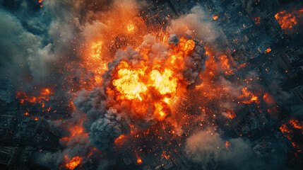 dynamic photo of explosion with fire and smoke, showcasing vibrant orange and yellow flames against dark background. intensity of scene evokes sense of chaos and power