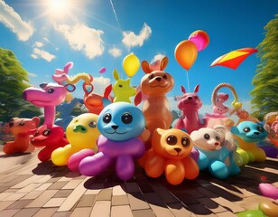 Obraz premium A vibrant scene of balloon animals in various shapes and colors, playfully arranged against a sunny sky background, evoking a sense of joy and fun