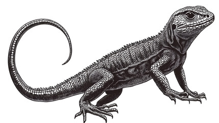 silhouette of a vintage lizard isolated on transparent PNG.