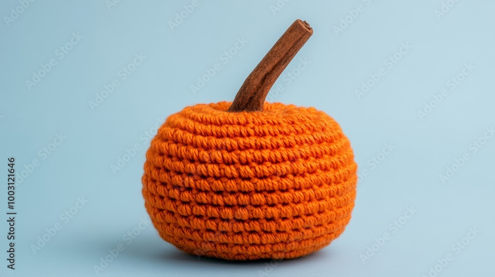 Wall mural Crochet pumpkin with a cinnamon stick stem isolated on a neutral background autumn vibes 