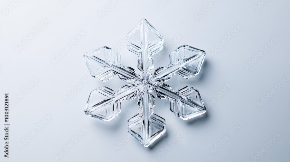 Poster crystal-clear snowflake with sharp ridged arms, glistening in soft sunlight on a pale gray backgroun