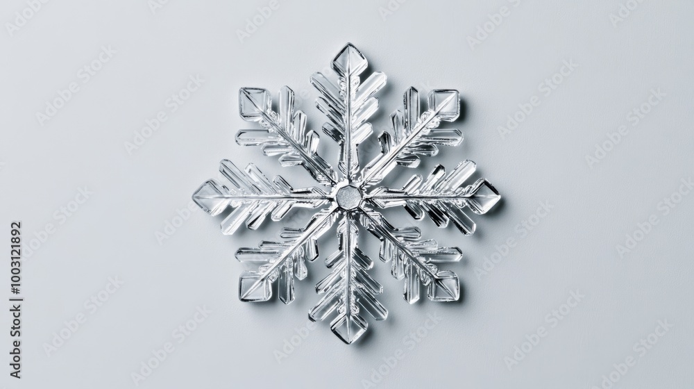 Poster crystal-clear snowflake with sharp ridged arms, glistening in soft sunlight on a pale gray backgroun
