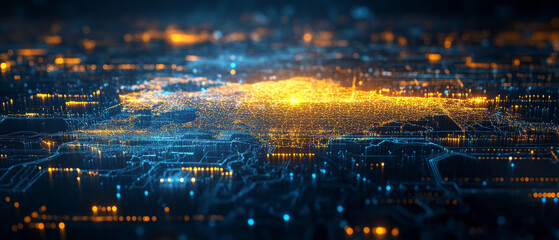digital hologram of map showcasing Ukraine, illuminated with vibrant blue and orange lights, representing futuristic cityscape. intricate details highlight urban areas and connectivity