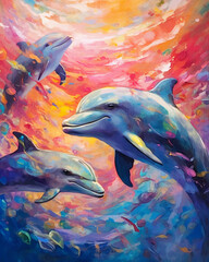 Fototapeta premium Adorn your wall with a multicolor dolphin featuring a captivating Marine Life Canvas