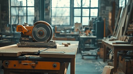 A Close-Up View of a Circular Saw in a Woodworking Workshop