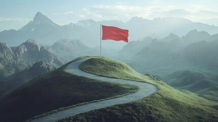 Road going to flag on mountain top, Business goals achievement concept