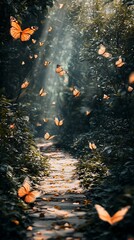 Lush garden path illuminated by butterflies in vibrant flight image