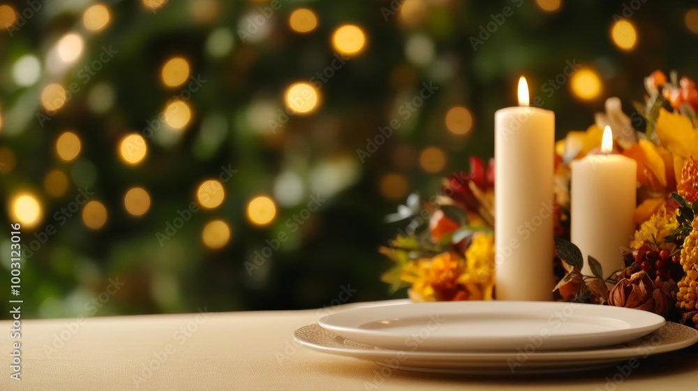 Aufkleber elegant thanksgiving table setting with a golden tablecloth candlelit centerpieces and rustic autumn