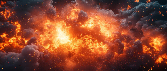 dramatic explosion fills sky with fiery orange and red hues, surrounded by dark, billowing clouds. intense energy and chaos create powerful visual impact