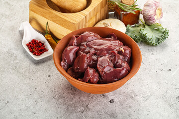 Raw uncooked chicken liver in the bowl
