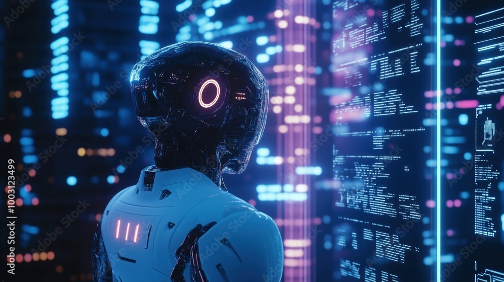 Poster futuristic robot observing digital data streams