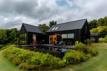 pool-side black house. contemporary building design.