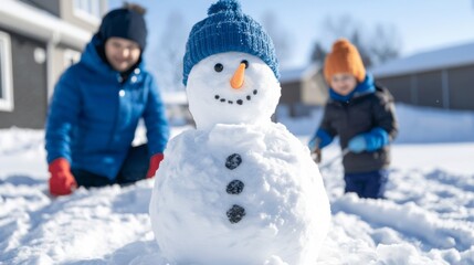 Family working together to shovel snow from their driveway, with children playing nearby while building a snowman winter fun and work 