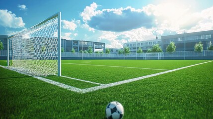 soccer pitch with the goal and net on a grassy field - empty arena stadium