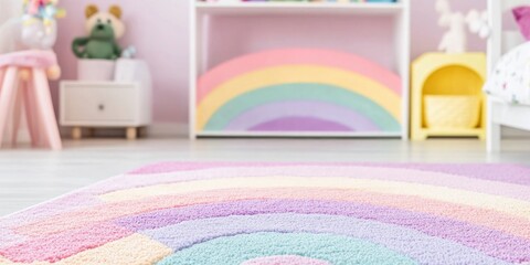 Photo of a girl's bedroom with a rainbow rug, featuring pink and purple pastel colors.