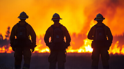 Fire crew standing at the edge of a wildfire assessing the situation smoky air and glowing embers 