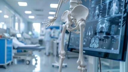Fototapeta premium An anatomical skeleton in a medical classroom with x-ray images on screens, used for teaching and training in healthcare