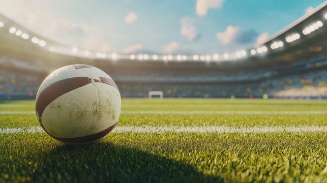 Sports betting concept. Rugby ball on football stadium.