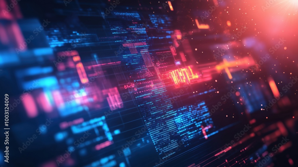 Poster digital data visualization with glowing lines and patterns