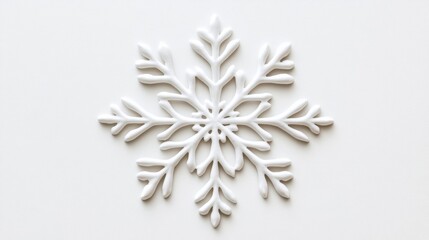 Fragile-looking snowflake with filigree design, each branch detailed with frost, isolated on a misty white background 