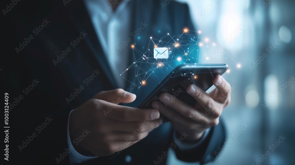 Aufkleber email communication concept with smartphone and network graphics