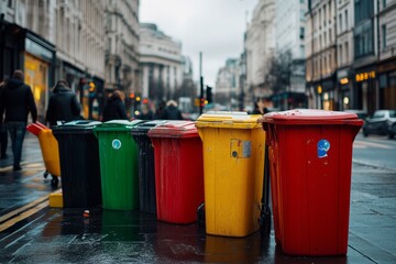 Colorful garbage bins stand on a city street. They add a touch of brightness to the urban scene. Perfect for environmental themes and city life. Generative AI