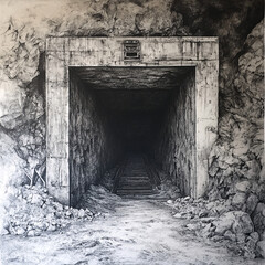 Fototapeta premium Hyper-realistic square mine portal drawing with repetitive geometric design and stone textures, creating a deep tunnel effect in black and white shading.