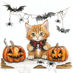A ginger fluffy kitten, dressed up for Halloween, sitting next to pumpkins with a garland of bats and spiders. Beige background.