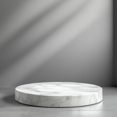 White marble podium on grey background. 3D rendering. Mock up