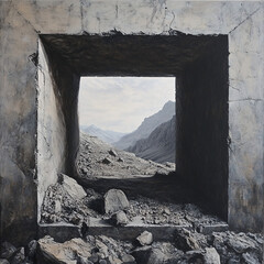 Hyper-realistic square mine portal drawing with repetitive geometric design and stone textures, creating a deep tunnel effect in black and white shading.