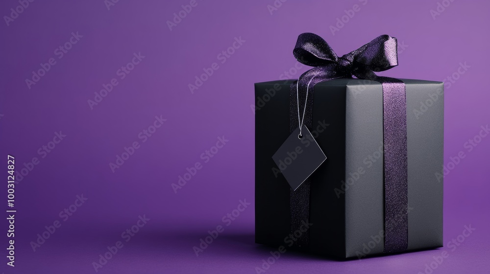 Poster Geometric polygonal gift box wrapped in metallic paper with a diamond-shaped tag isolated on a deep purple gradient 