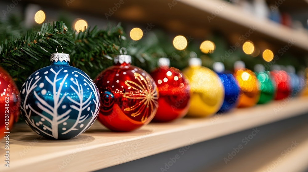 Poster Glass Christmas ornaments with intricate designs, displayed on a shelf in a cozy shop, warm holiday lights 