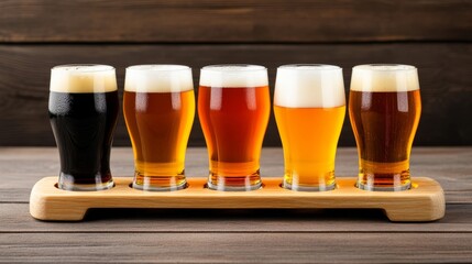 German beer flight with small glasses of different beers on a wooden tray brewing varieties 
