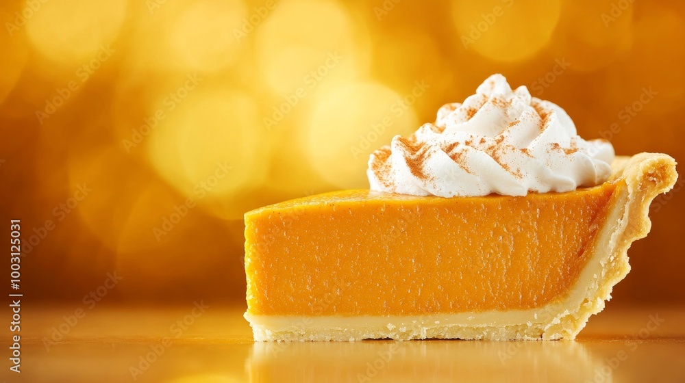 Poster golden pumpkin pie slice garnished with whipped cream and sprinkled with cinnamon background with em