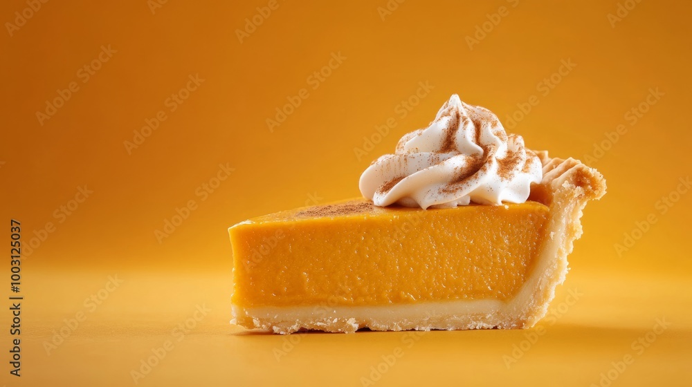 Poster golden pumpkin pie slice garnished with whipped cream and sprinkled with cinnamon background with em