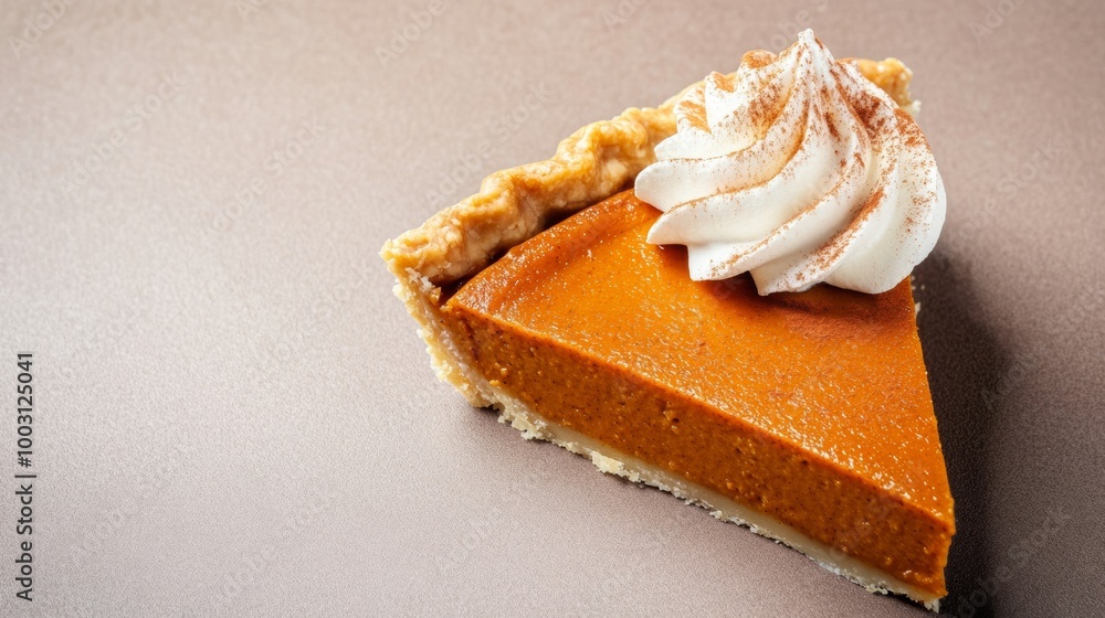 Poster golden pumpkin pie slice garnished with whipped cream and sprinkled with cinnamon background with em