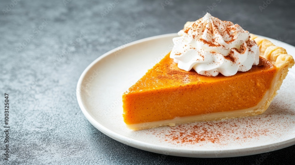Poster golden pumpkin pie slice garnished with whipped cream and sprinkled with cinnamon background with em