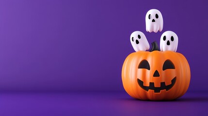 Glowing transparent pumpkin with floating ghost faces inside, isolated on dark purple background with soft shadows 