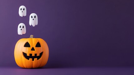 Glowing transparent pumpkin with floating ghost faces inside, isolated on dark purple background with soft shadows 