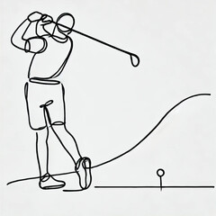 Continuous line drawing of a golfer swinging on a white background, AI Generation