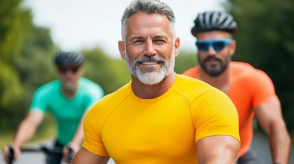 Group of men cycling together along a scenic road promoting men's cardiovascular health group exercise 