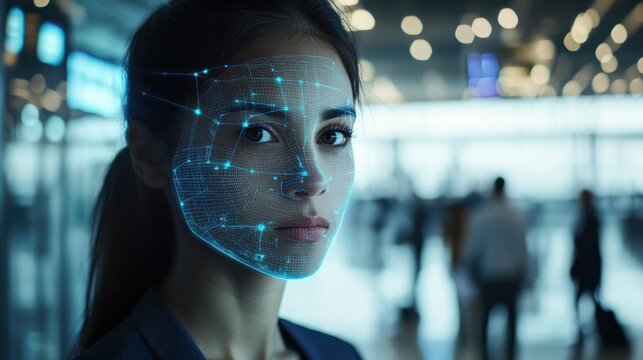 Woman at airport uses future facial recognition technology, depicted by digital face map overlay, symbolizing futuristic travel security